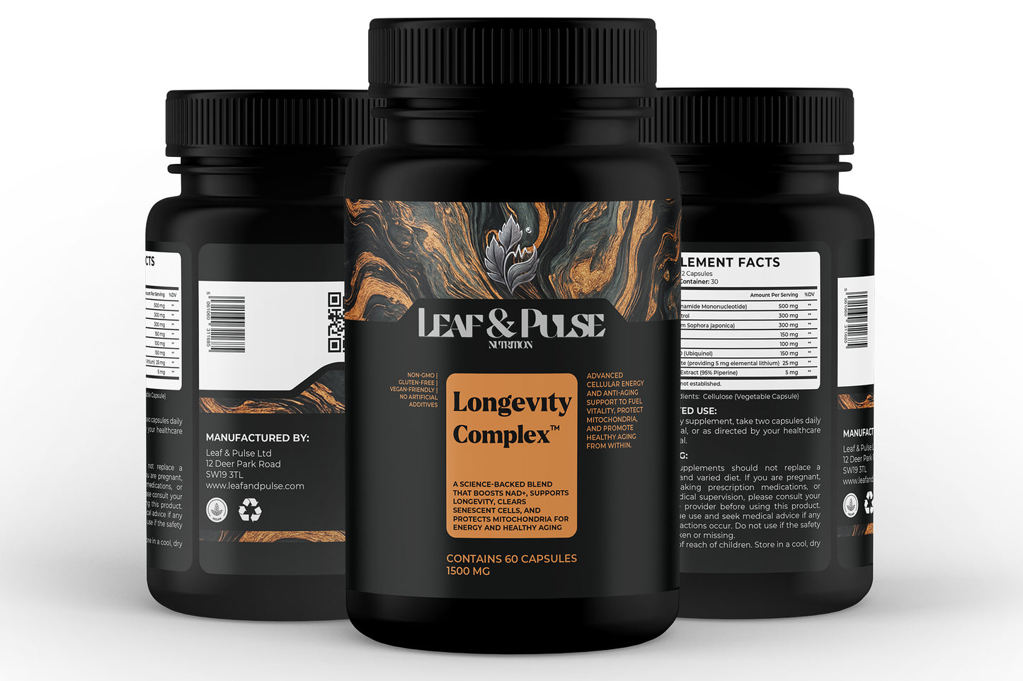 NMN Complex Capsules 1500mg | Resveratrol, Quercetin & PQQ | NAD+ Precursor Supplement UK | Leaf & Pulse